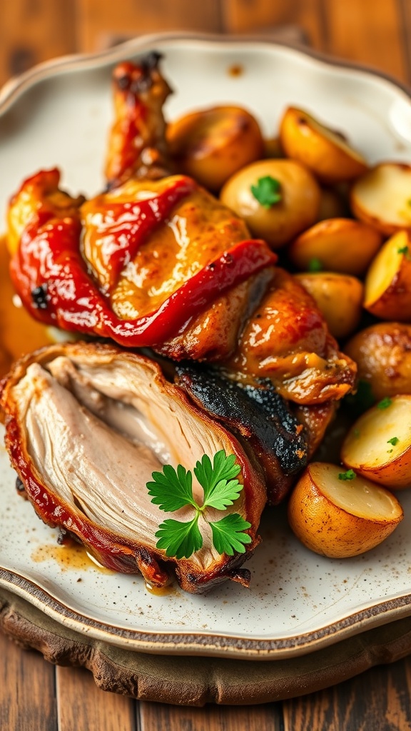 Crispy duck confit with golden skin served with garlic roasted potatoes, garnished with parsley.